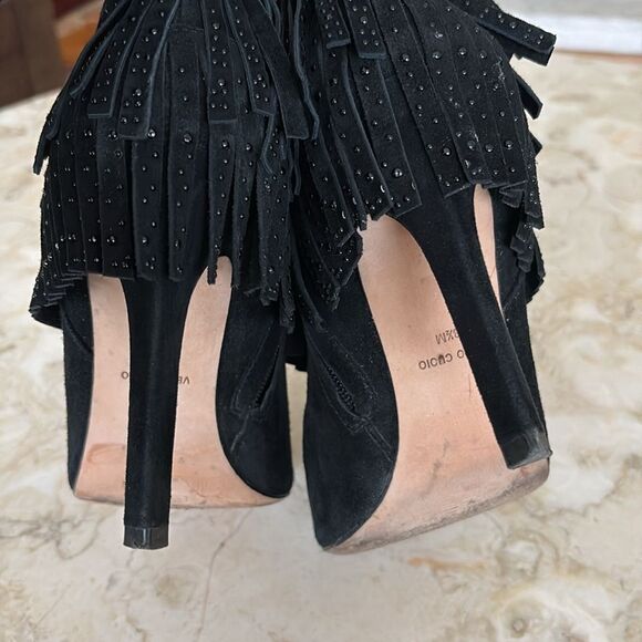 BCBG MAXAZRIA Raimi Bootie Black Suede Peep Toe Fringe High Heel Ankle Boots - Picture 7 of 11